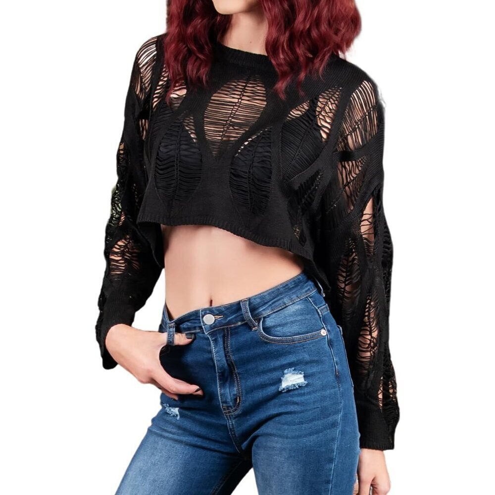 Womens Gothic Sweater Cropped Long Sleeve Knitted Pullover Size S XL